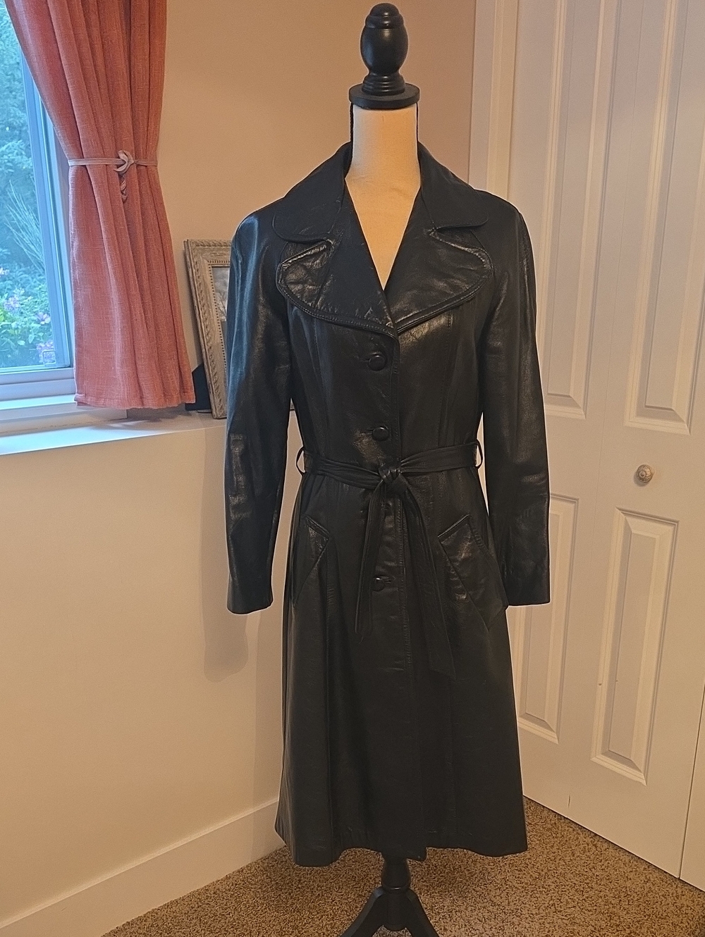 Classic Black Leather Trench Coat with Waist Tie
